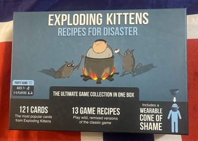 Exploding Kittens Recipes For Disaster w Cone of Shame! Party Card Game Complete