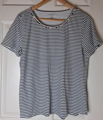 TALBOTS XLP Womens Blue White Striped Pom Pom Trim Round Neck Short Sleeve Top