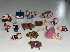 Assorted PIG Christmas Ornament LOT of 14 VTG Wooden Ceramic & Resin READ