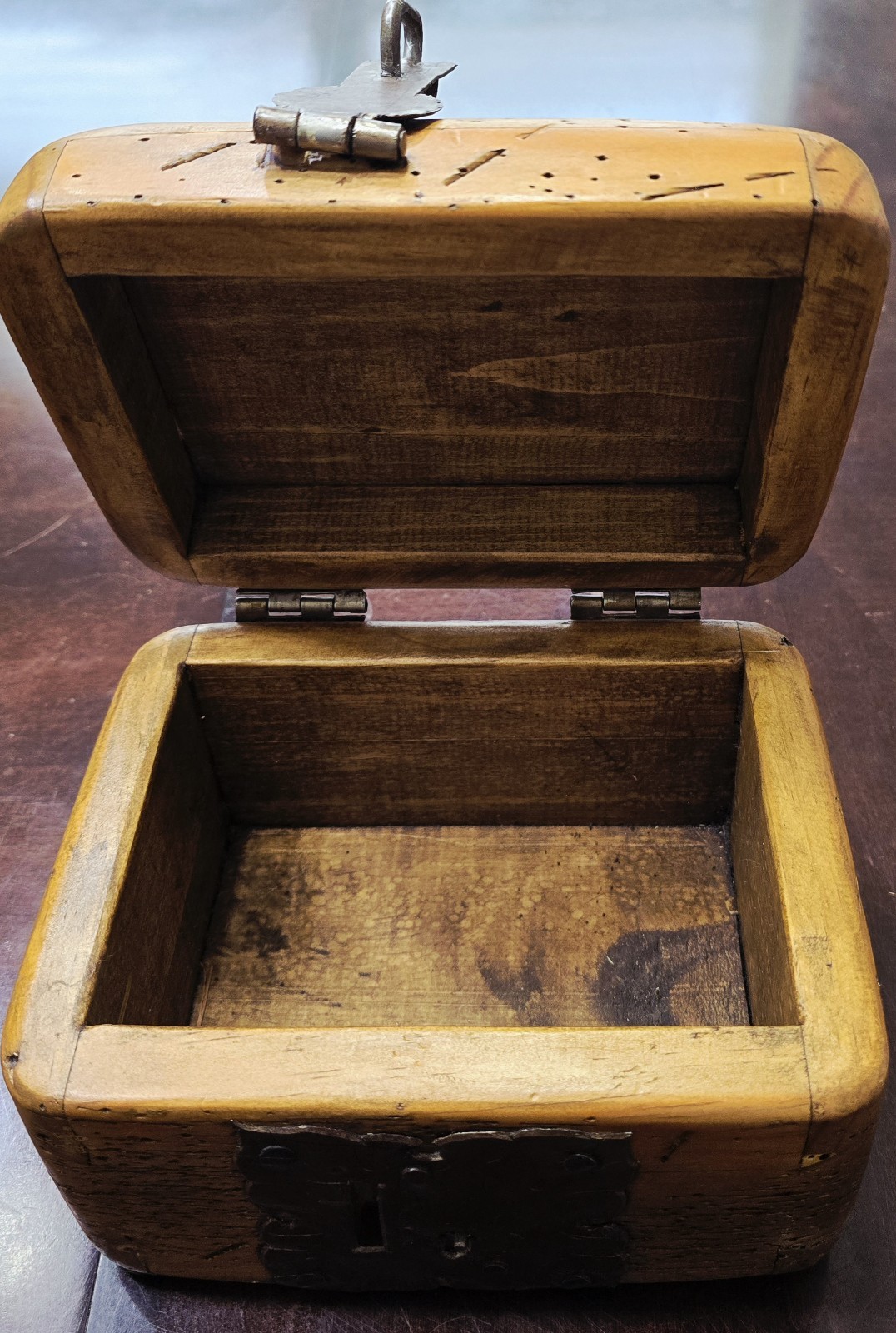 Rare Antique Early Vintage Small Worm Wood Chest Trunk Box