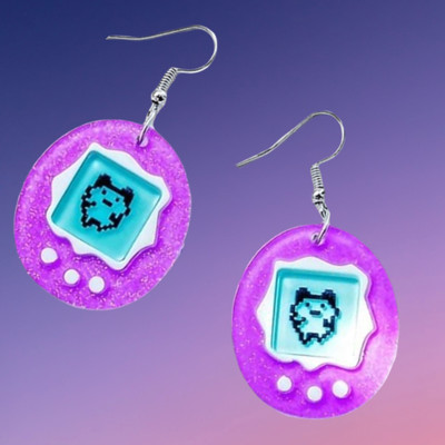 New Gigapet Tamagatchi Earrings Y2K Purple Glitter Digital Pet Dangle Anime