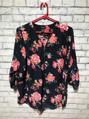Justify, L, Black Red Floral Roll-Tab Sleeve See-Through Sheer 1/2 Zip Blouse