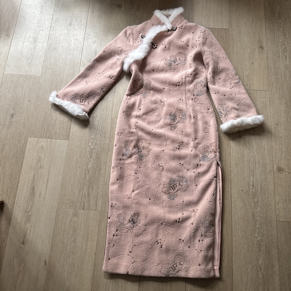 Winter Asian Rabbit Fur Cheongsam Chinese Collar Dress Lined Pink