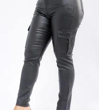 Ladies plus size button closure, cargo pockets, PU leather, skinny leg pants.