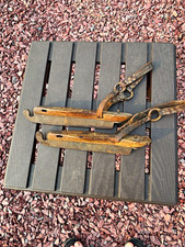 VTG. Wood  ice skates w/ Leather Straps, Hooks Pair Vermont