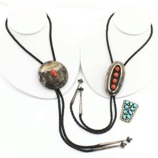 Southwest Sterling Turquoise Red Coral Leather Bolo Tie & Slide Lot of 3 #4652 1