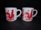 Vintage Hazel Atlas Red Rooster Milk Glass Coffee Cup Mug Set of 2