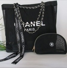 CHANELVIP GIFT Beauty Mesh Tote Bag Beach Pouch Bag Case Storage Black gold-