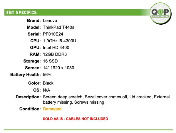 Lenovo ThinkPad T440s - 14" FHD, 1.9GHz i5, 12GB RAM, 16 SSD, No OS - Image 2 of 4