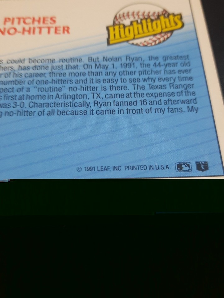 1992 Donruss Highlights Error Baseball Card # 154 NOLAN RYAN / ERROR ...