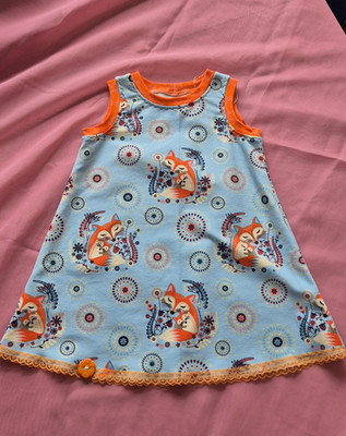 Mädchen Baby Kleid Gr. 86 blau/orange A-Linie ärmellos Fuchs Spitze Baumwolle