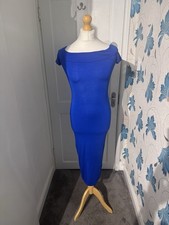 Just Glamour Bardot Midi Dress, Blue M/L (UK 12–14) Off Shoulder Bodycon Stretch