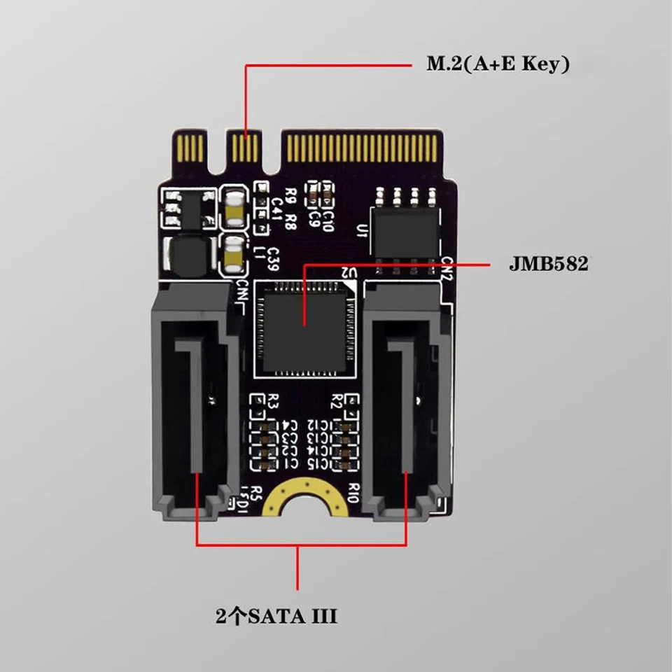 M2(A+E Key) to Dual Port SATA3.0 Expansion Card PCle 3.0 WIFI M.2 to SATA - Image 4 of 4