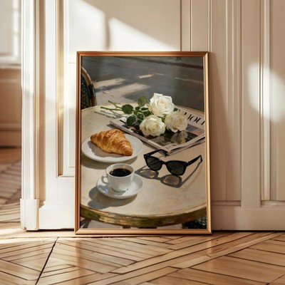 Parisian Breakfast Art Print, Coffee & Croissant Café Poster