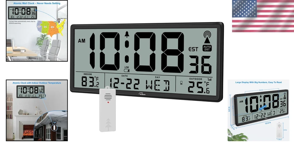 14.5" Jumbo Atomic Wall Clock: Accurate Time & Indoor/Outdoor Temp Display - Image 2 of 4