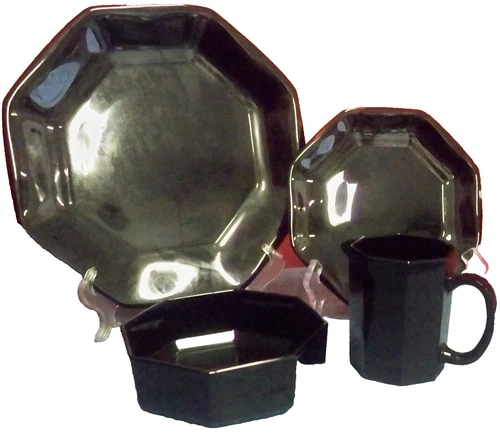 4 Pc Place Setting Octime Black Glass Dinnerware by Arcoroc Made in France VGUC