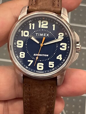 Timex TW4B16000 Men s Expedition Field Brown Leather Watch Blue Dial New Battery