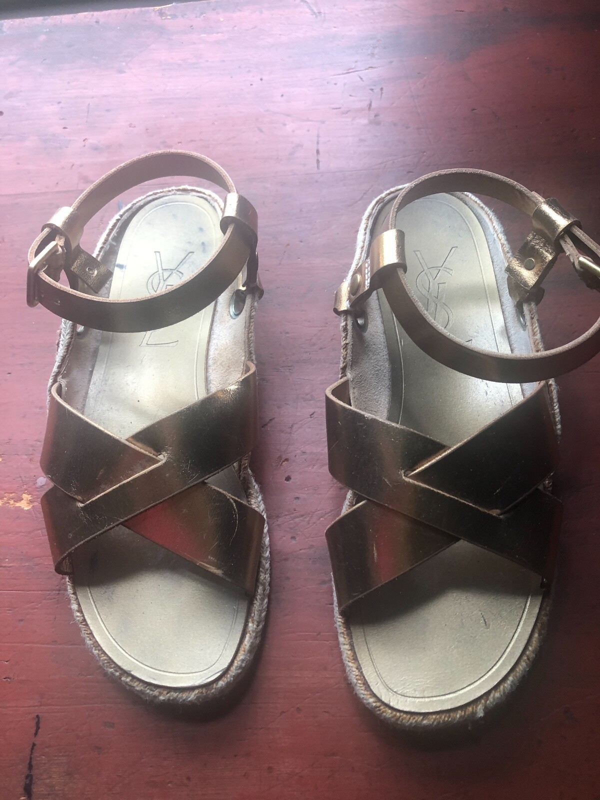 SAINT LAURENT YSL copper metallic leather ankle strap sandals. Sz 37 Missing 1 rivet See pic