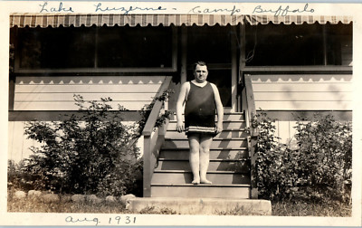 1931 Heavy Set Man In Swimsuit On Lake Luzerne Camp Buffalo Porch Vintage Photo