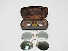 Antique Pince Nez Spectacles Eyeglasses w/ Case  2 Sunglasses Vintage Shades