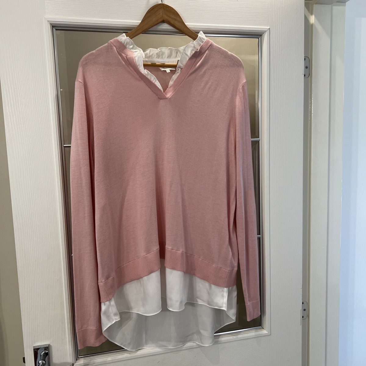 TED BAKER frill ruffle high neck light Pink and White Jumper top