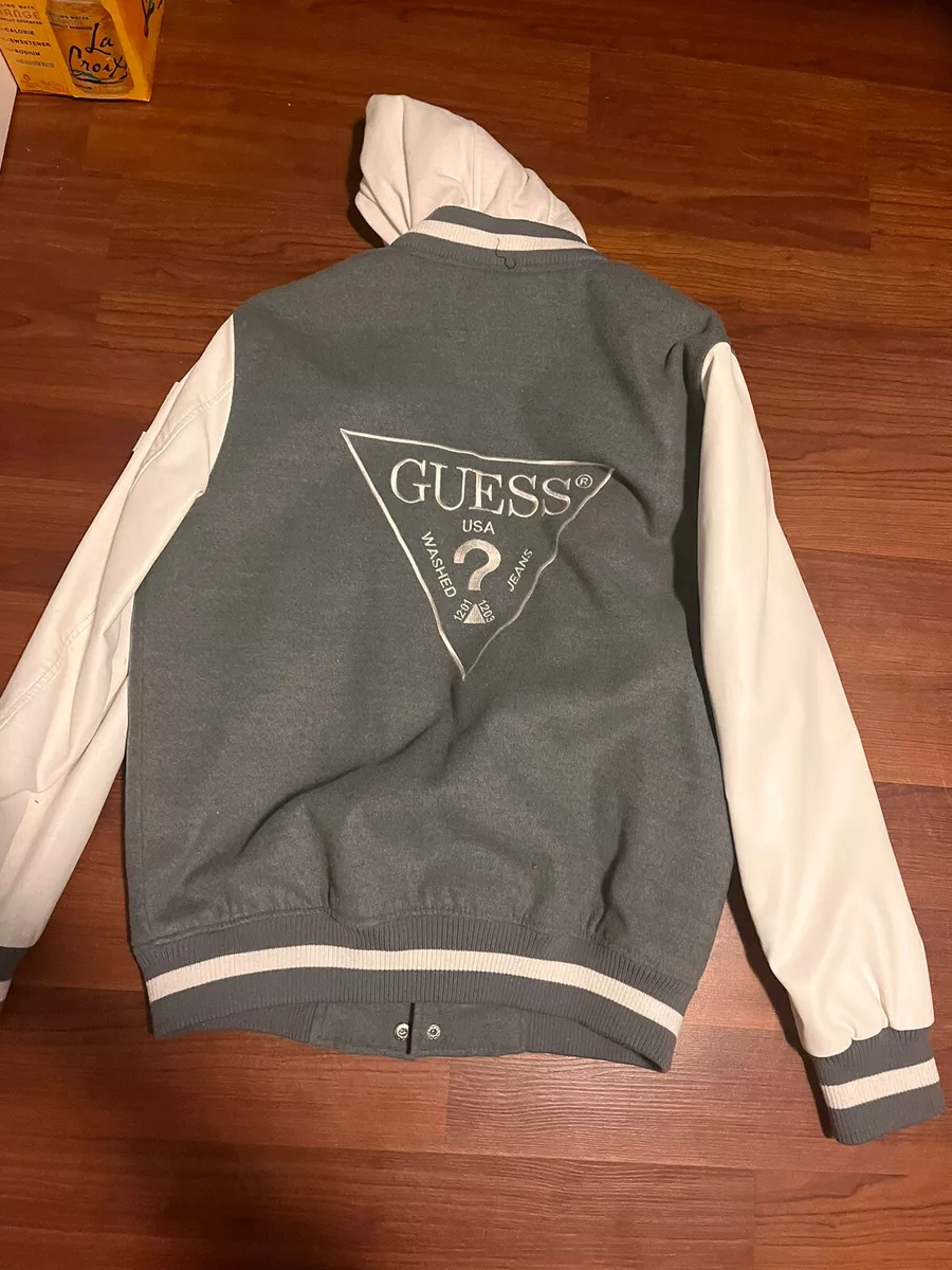 Guess Georges Marciano Varsity Letterman Jacket Size S. Gray White ZipOut Hood