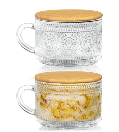 Cosnou Vintage Glass Coffee Cups with Lid, Glass Mugs 14 Oz Set of 2 with Handle