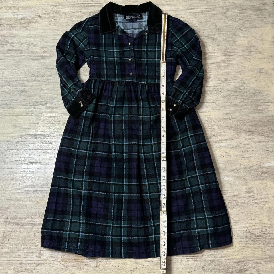 Usado en Excelente Condición Vestido Terciopelo Cuadros Verde Cuello Land End Talla 6 Años Foto 3 de 4