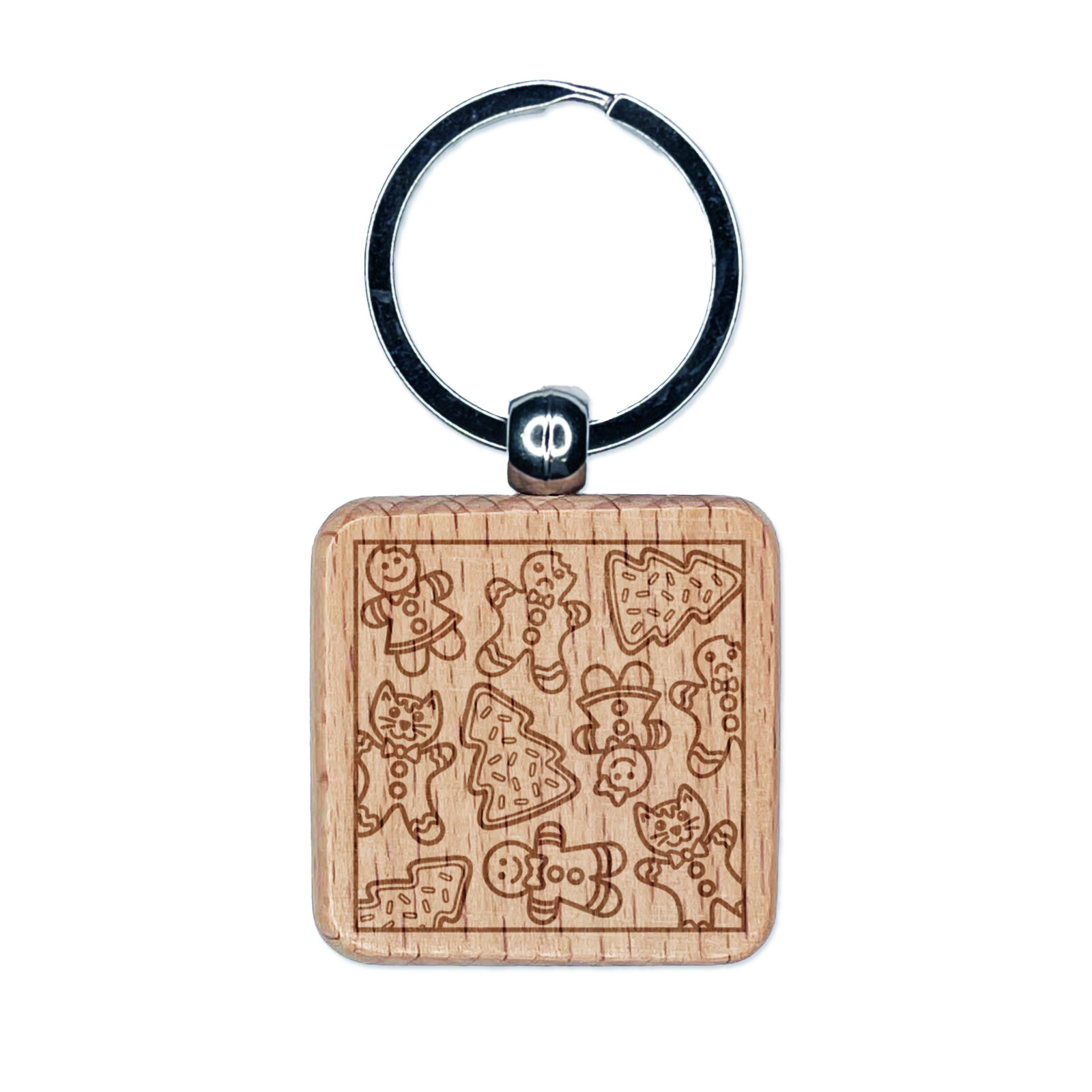 Christmas Cookie Pattern Engraved Wood Square Keychain Tag Charm