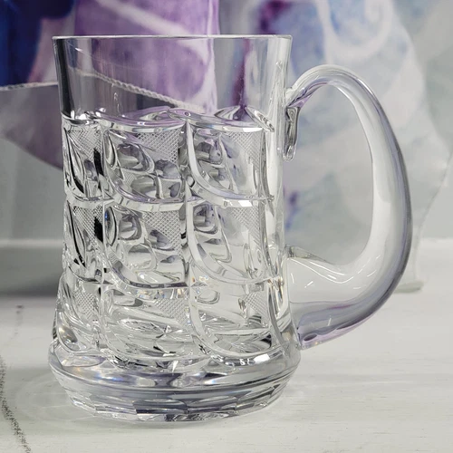 Heavy 15 Oz Etched & Cut Crystal Tankard Beer Mug Hand Blown Intricately Cut EUC