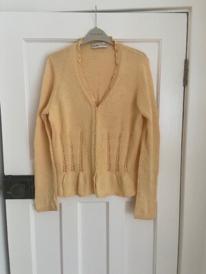 BNWOT Marion Foale yellow cardigan, V-Neck, hand knit, frill