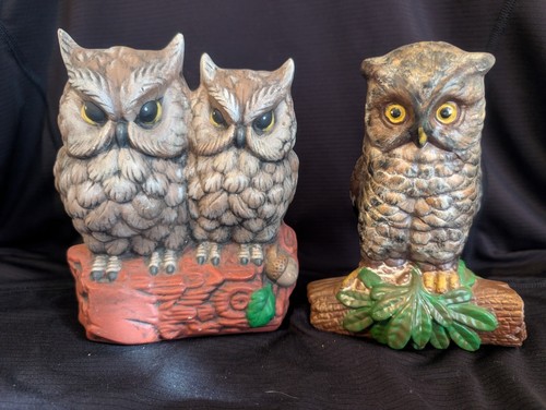 Two (2) Vtg Hand Painted Ceramic Owl Figurines Hobbist Halloween Moody Decor