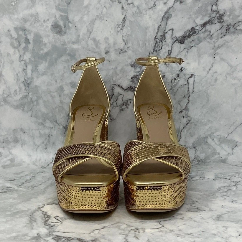 Sam Edelman Para Mujer 8.5M Lentejuelas Doradas Jullian 2 Plataforma Tacones Correa para el Tobillo BR19-7 Foto 2 de 4