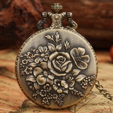 Steampunk Engraved Flower Case Unisex Quartz Pocket Watch Necklace Chain Gift
