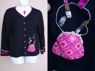 Michael Simon vintage Beaded cardigan top Size XL Lipstick Purse Barbie Pink Blk