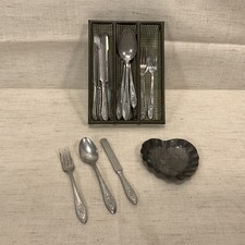 Vtg German Mini Toy Metal Silverware Set 4  Play Kitchen Utensils in Tray Doll