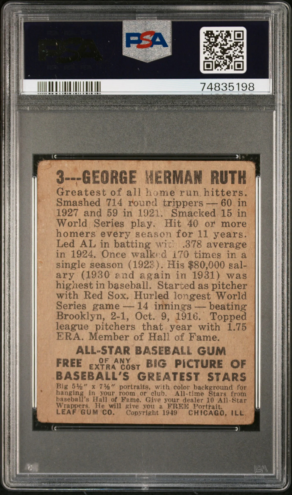 1948 Leaf Babe Ruth #3 PSA 1 view 2