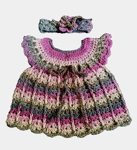 Crochet Multi color  Baby or Reborn Doll Dress and Headband  Handmade 3-6 Months