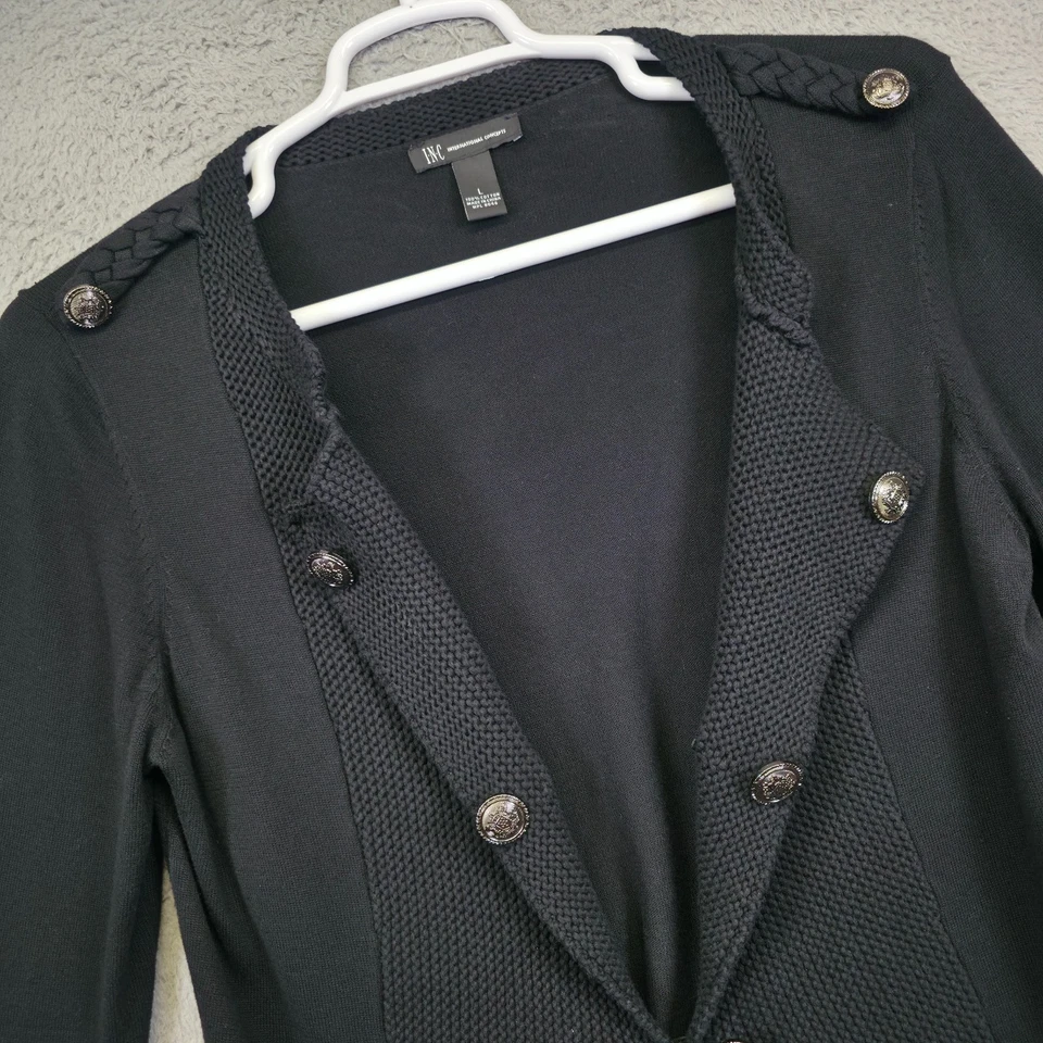 Cárdigan INC Mujer L Negro Moto Suéter Elegante Minimalista Militar Elegante Elevado Foto 2 de 4