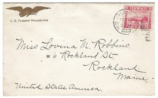 1899 Hawaii 2c rojo atado al buque insignia de Estados Unidos Philadelphia cubierta de tarjeta de esquina a Maine