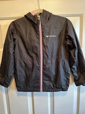 Columbia Girls Youth Kids Black Pink Hooded Full Zip Windbreaker Jacket S 8 