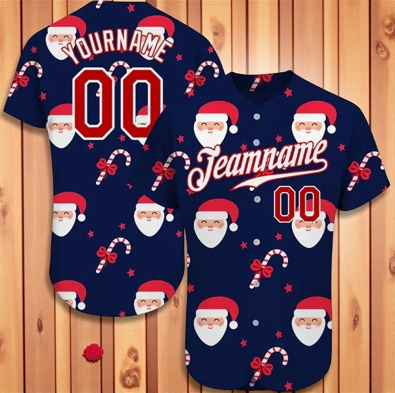 Personalized Navy Red-White Christmas 3D Baseball Jersey Unisex