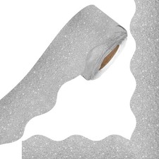 Sliver Glitter Bulletin Board Borders, 65.6Ft Silver Glitter Shine Scalloped ...