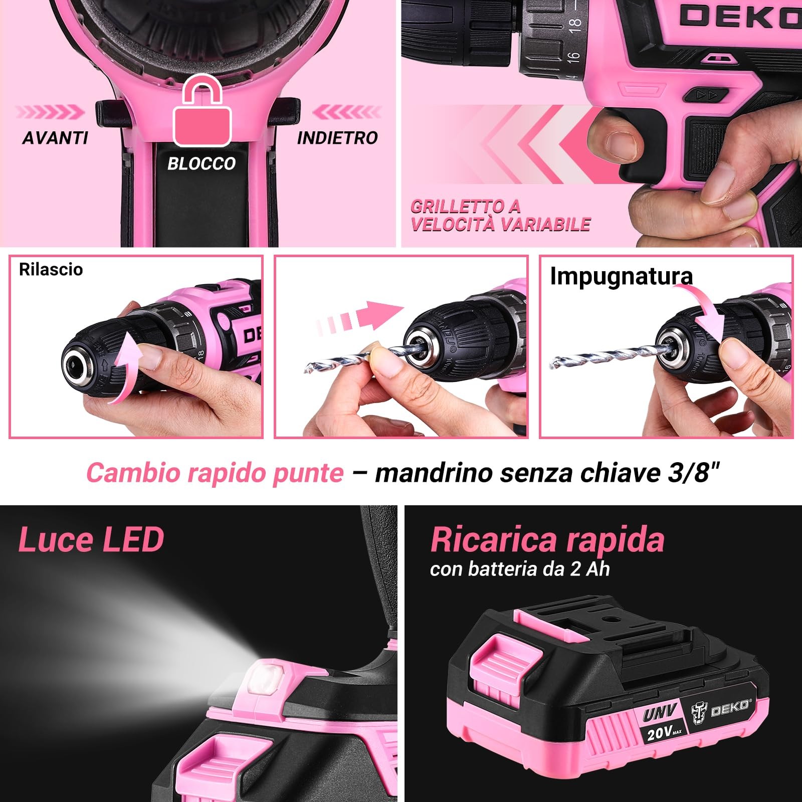 DEKO Cassetta Attrezzi Completa Rosa con Trapano Avvitatore Batteria 20V 186 foto 4
