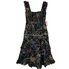 Vince Camuto Tropical Leaf Print Smocked Tiered Midi Dress Boho Resort Size 14