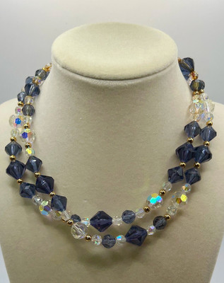 VINTAGE MONET NECKLACE CRYSTAL BLUE & CLEAR RHINESTONE BEADS - CAN BE DOUBLED