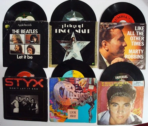 Lot of 21 Picture Sleeves with 45 RPM records Beatles Styx Chicago Kim Carnes