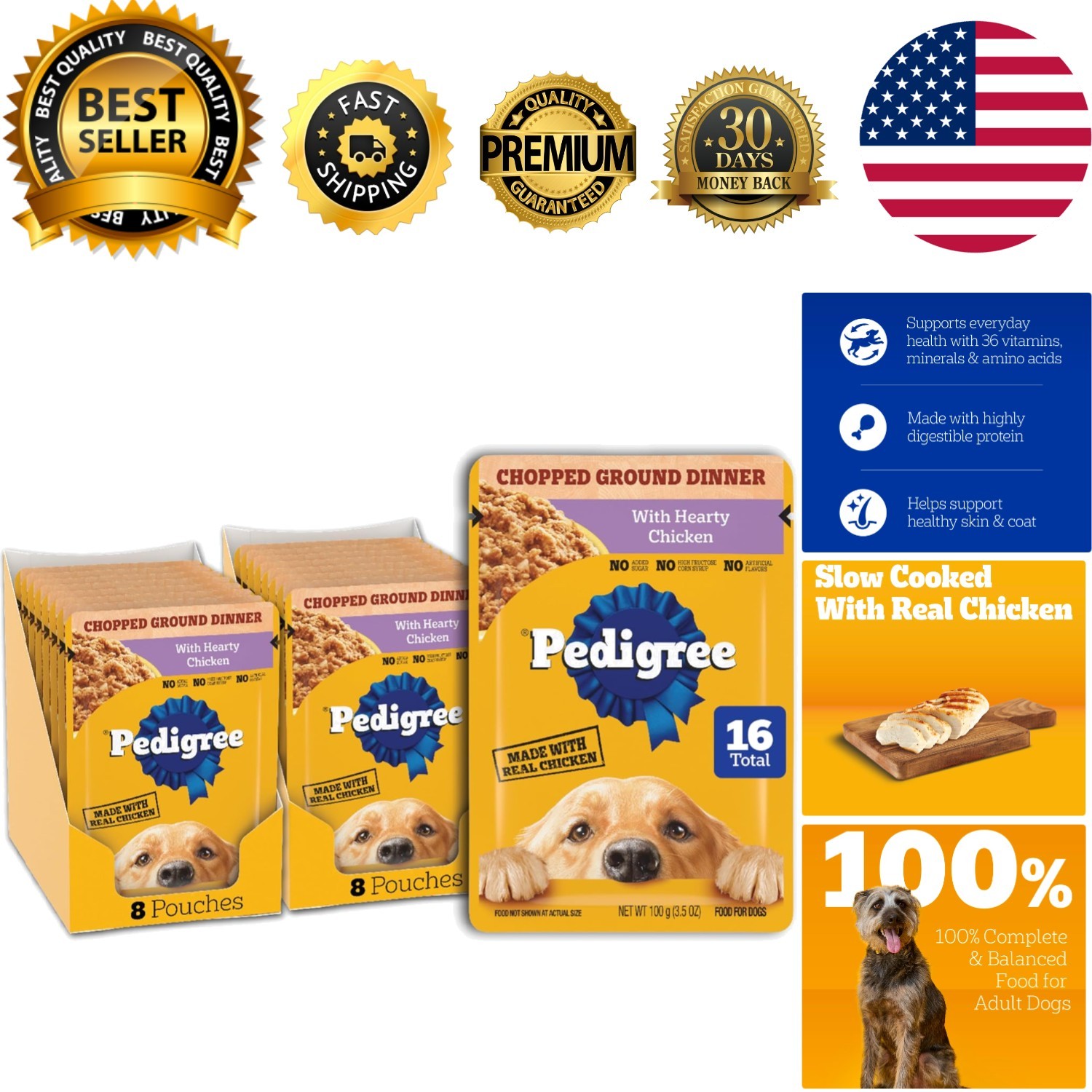 Chopped Ground Dinner for Dogs - 16 Count Pouches, 100% Balanced Chicken Delight