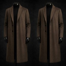Winter Men's Brown Overcoat Peak Lapel Woolen Long Jacket Business Long Coat
