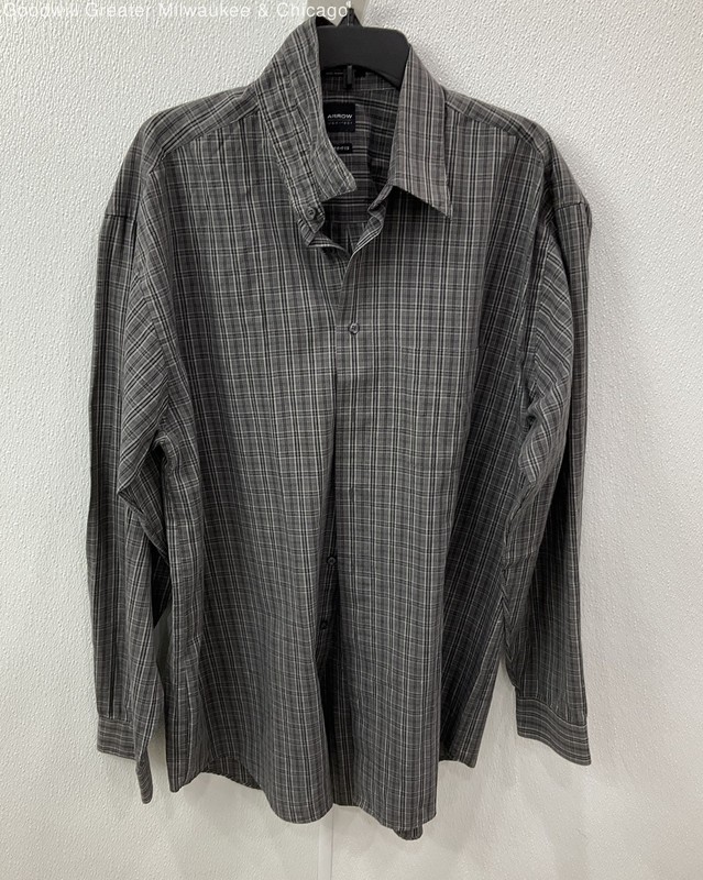 Arrow Men's Dark Grey Plaid Button Shirt Size 17-17 1/2 XLT
